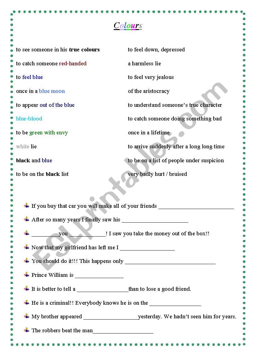 Colour Phrases and Idioms worksheet