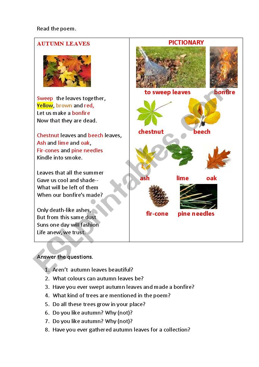 AUTUMN LEAVES (a poem) worksheet