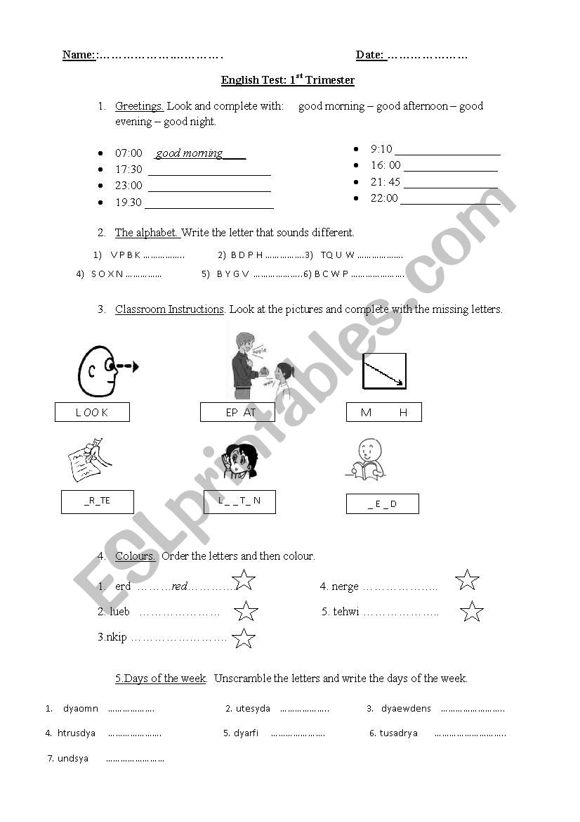 test on greetings - the alphabet - class instructions- colours - days of the week