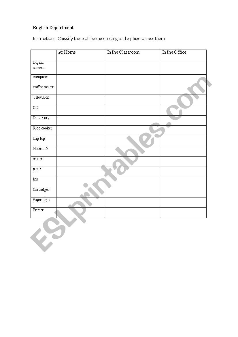 Classroom objects worksheet