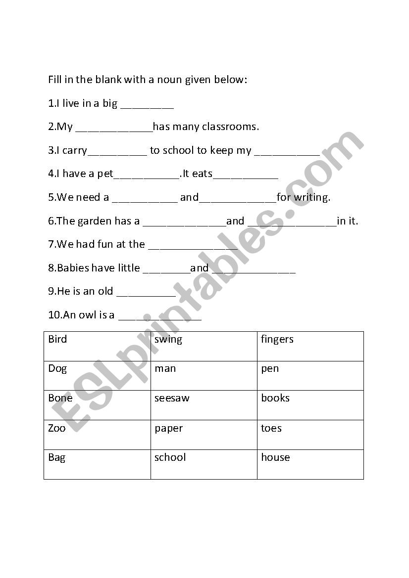 nouns worksheet