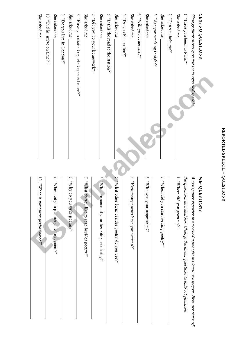 Reported Speech: questions worksheet