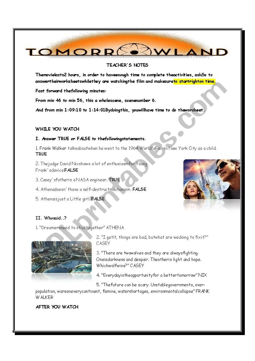 Tomorrowland worksheet