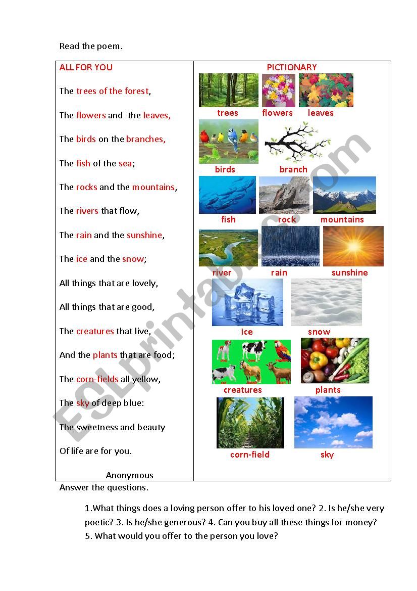 ALL FOR YOU (a poem) worksheet