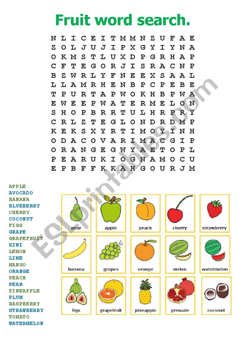 Fruit word search worksheet