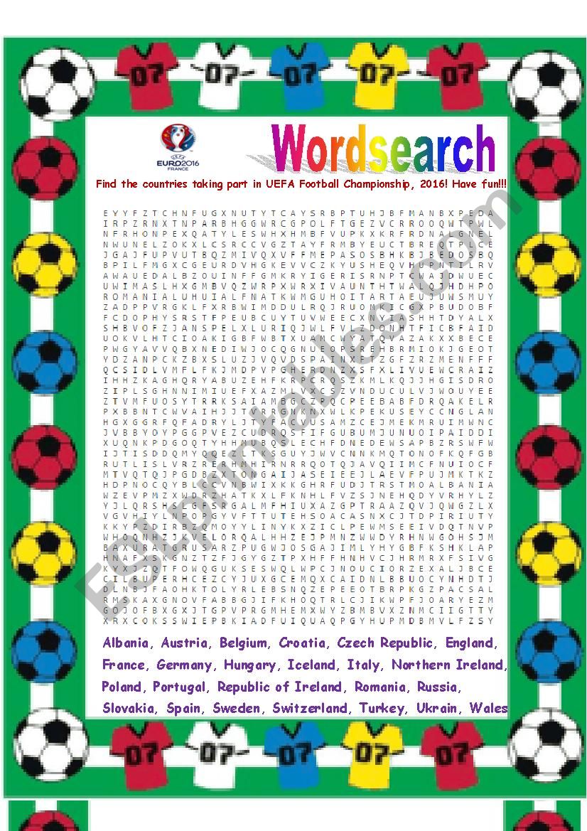 UEFA Football Championship 2016 Word search