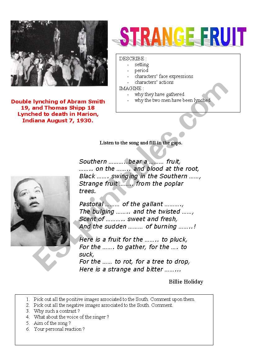 strange fruit worksheet