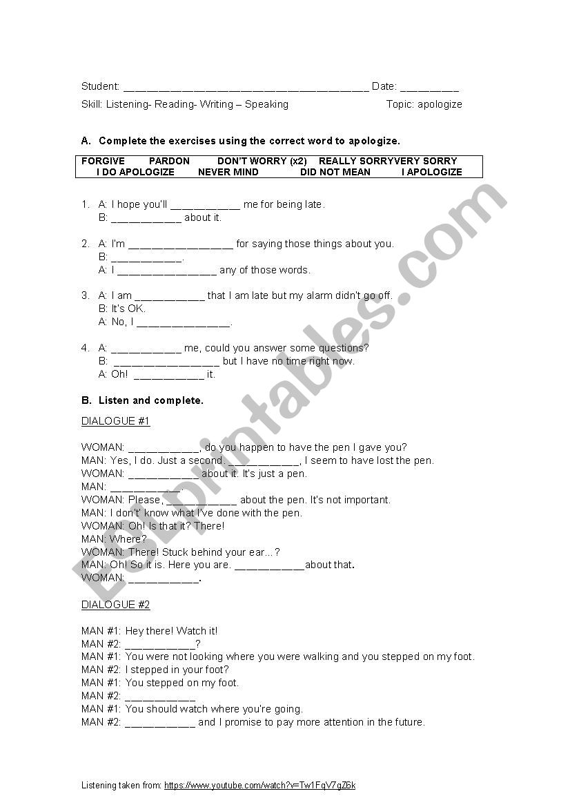 Apologizing worksheet