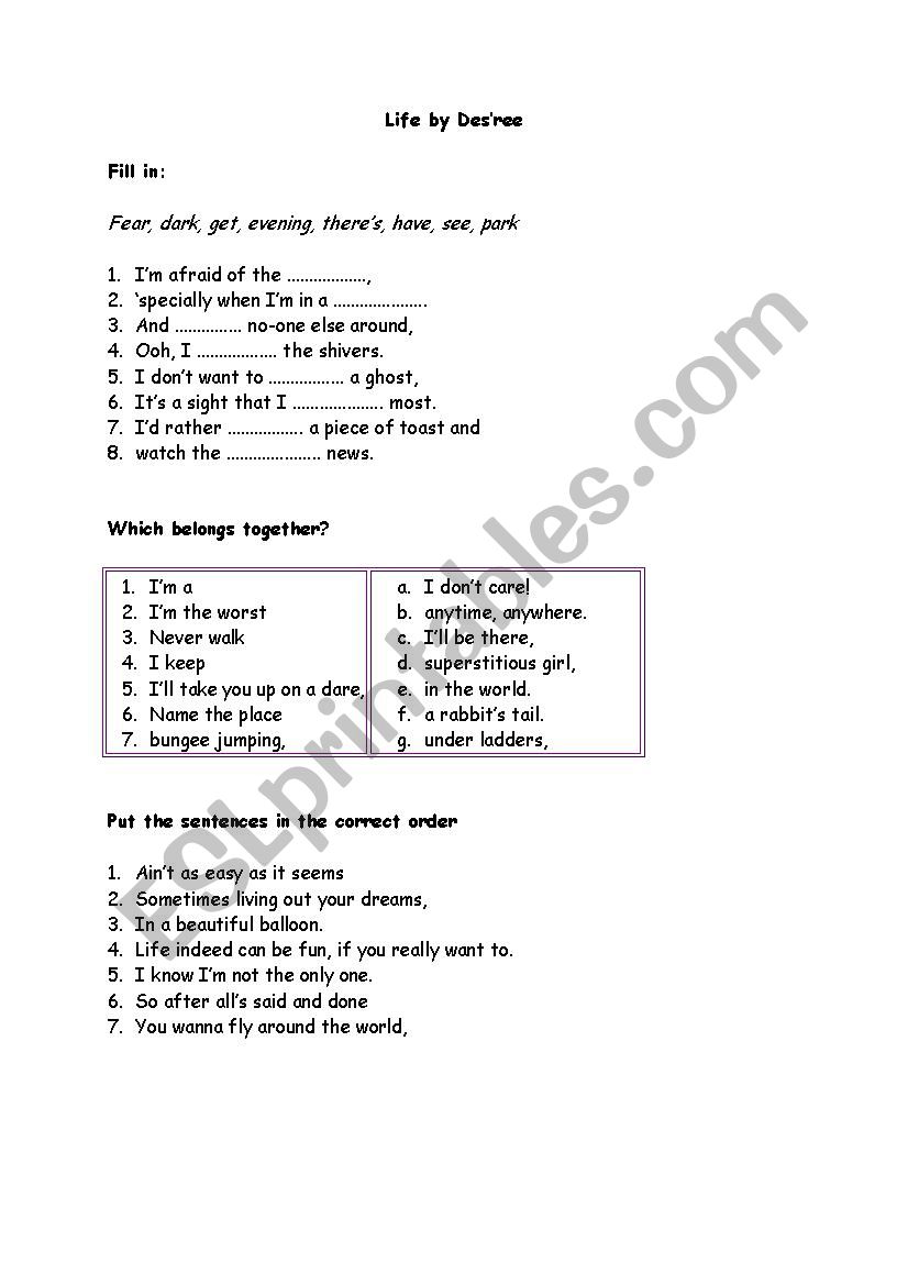 Song Life by Desree worksheet