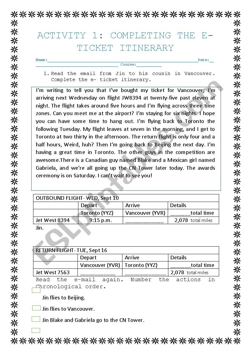 E-TICKET ITINERARY worksheet