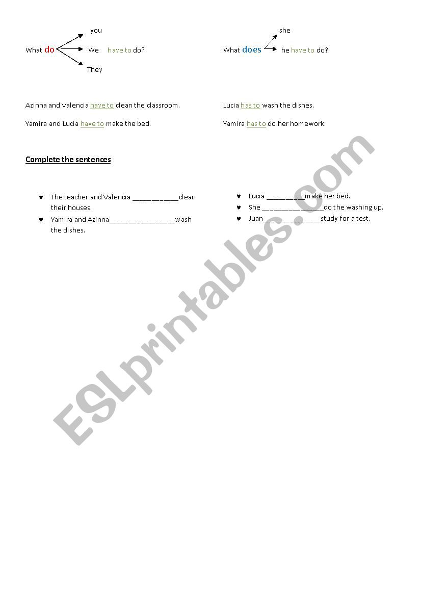Have to / Has to for chores worksheet