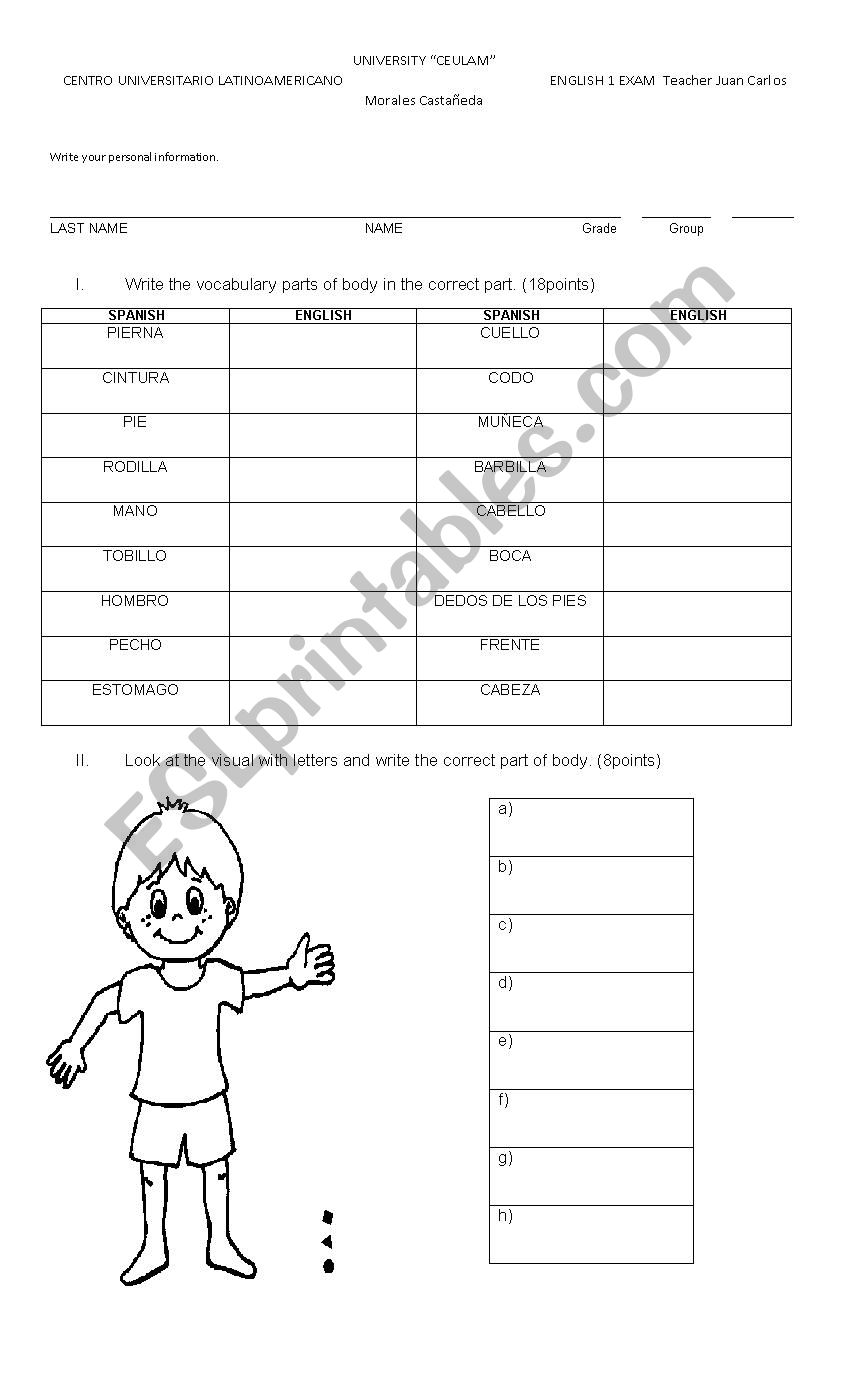 exam PARTS OF BODY worksheet