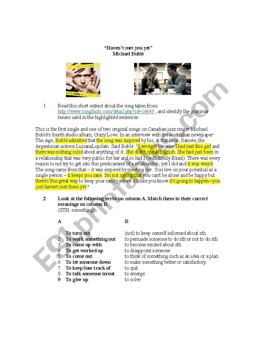 Havent met you yet-Michael Bubl: Listening comprehension and verbs.