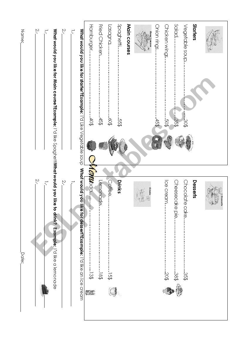 Menu  worksheet