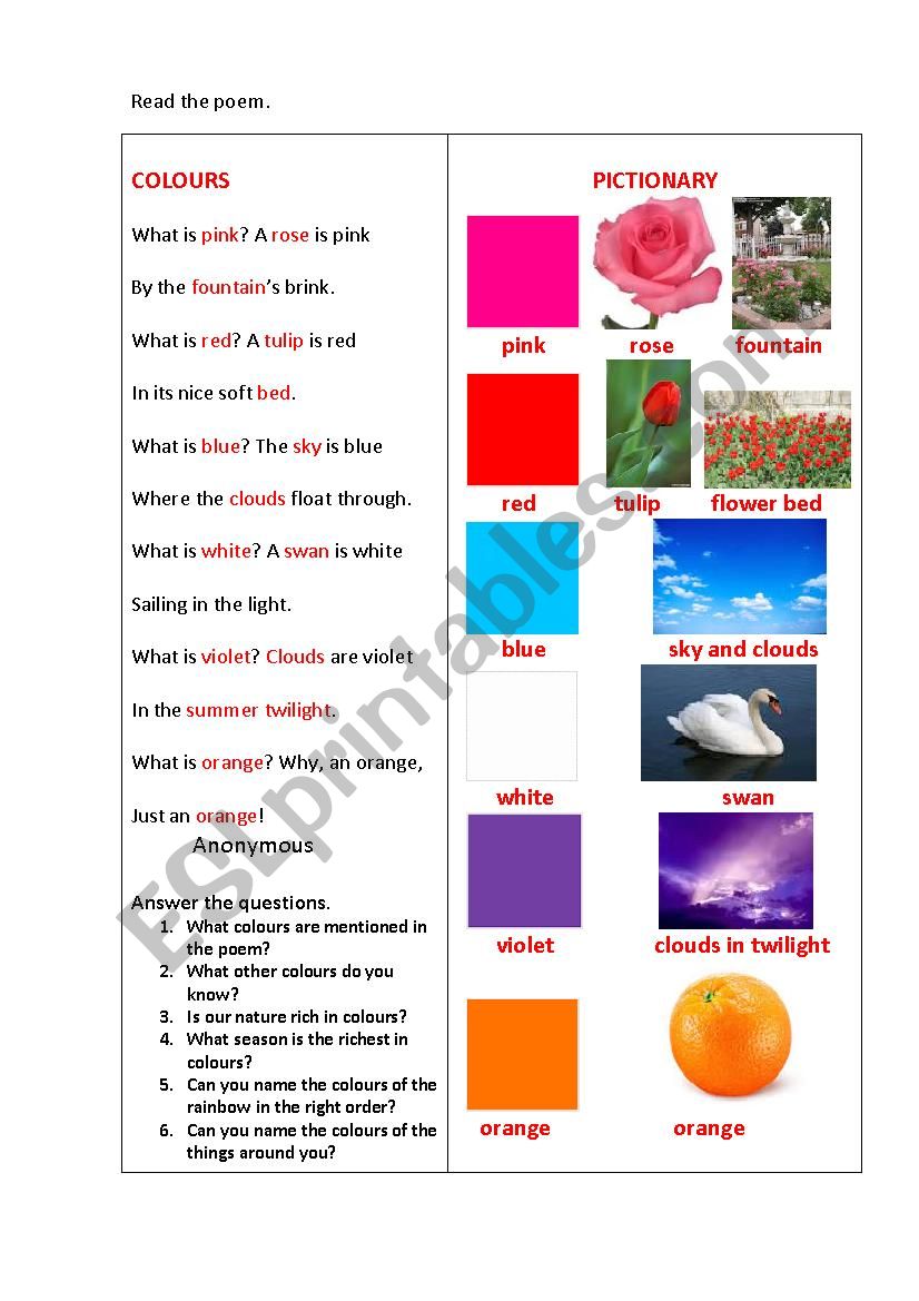 COLOURS (a poem) worksheet