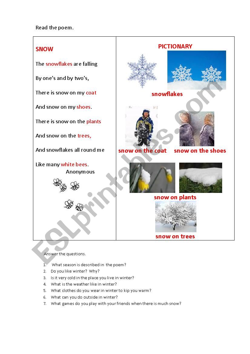 SNOW (a poem) worksheet