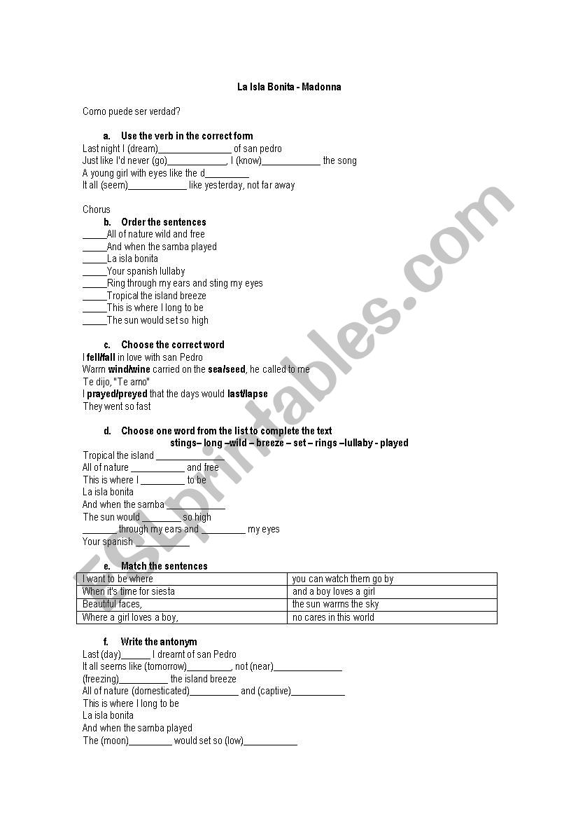 La isla bonita worksheet