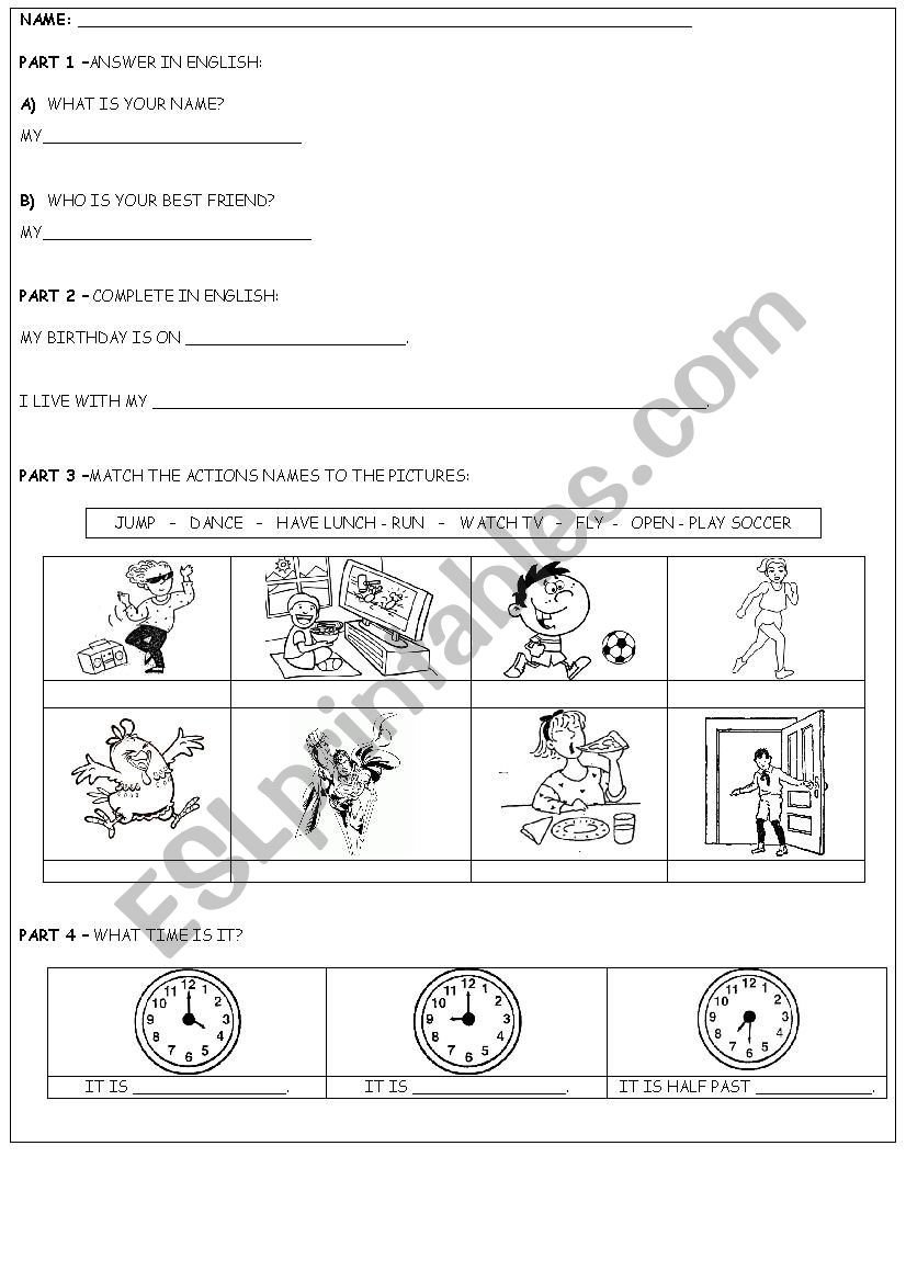 Exercises on personal questions, actions and telling the time