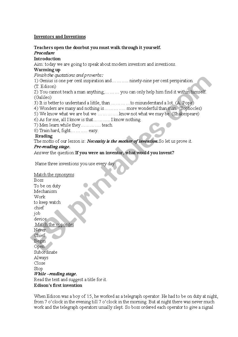 Inventions worksheet