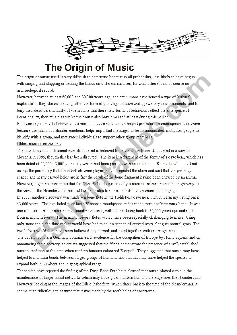 THE ORIGIN OF MUSIC worksheet