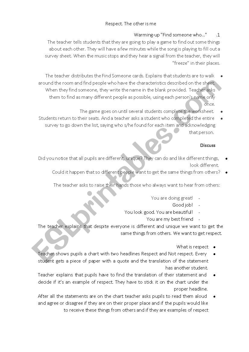 lesson on respect worksheet