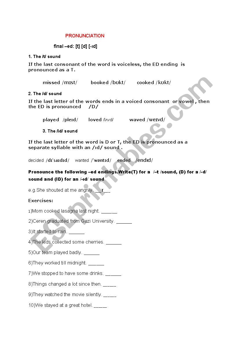 Pronunciation   -ED ending worksheet