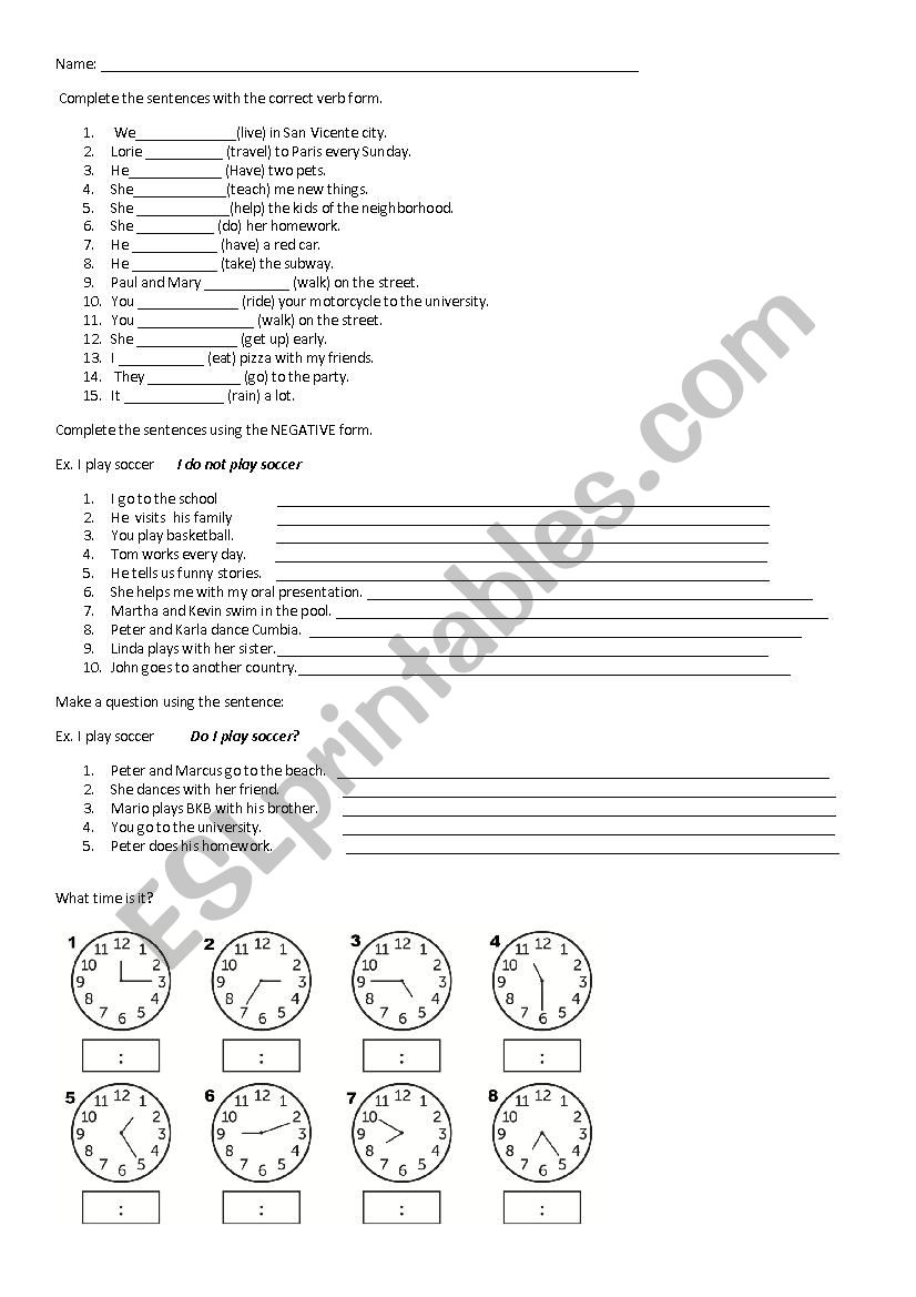 Simple present form worksheet