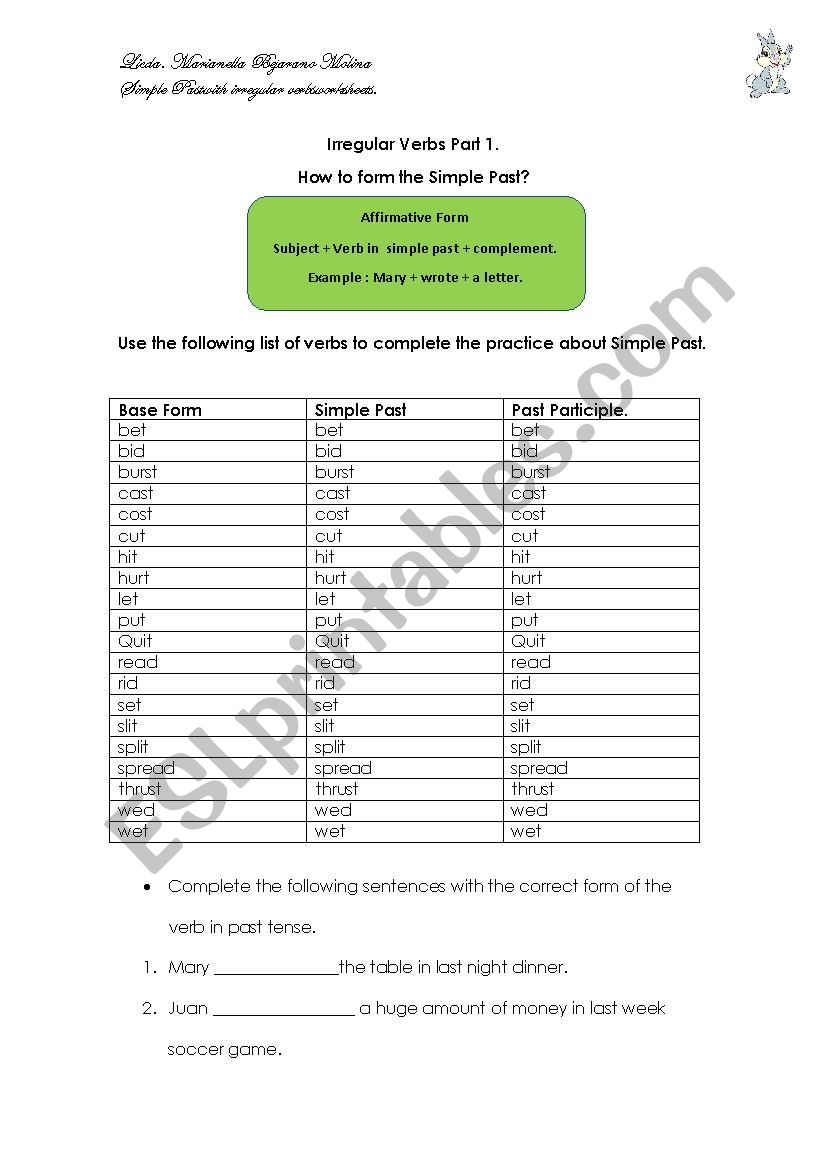 Irregular verbs worksheet