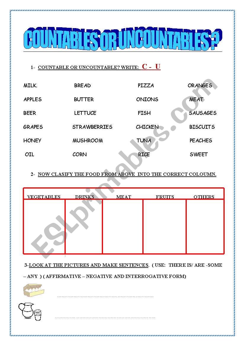 COUNTABLE OR UNCOUNTABLE? worksheet