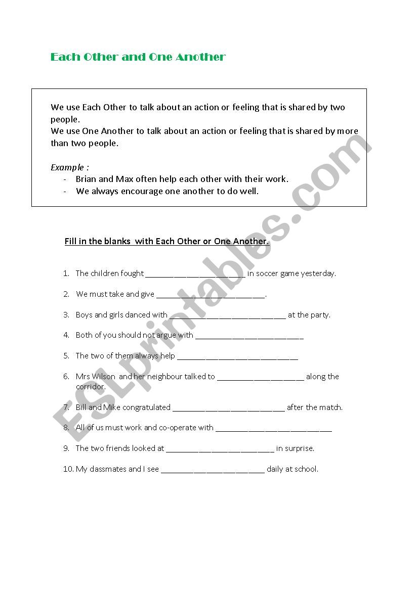 Each Other and One Another1 worksheet