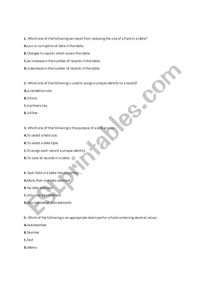 Access ICT MCQ worksheet