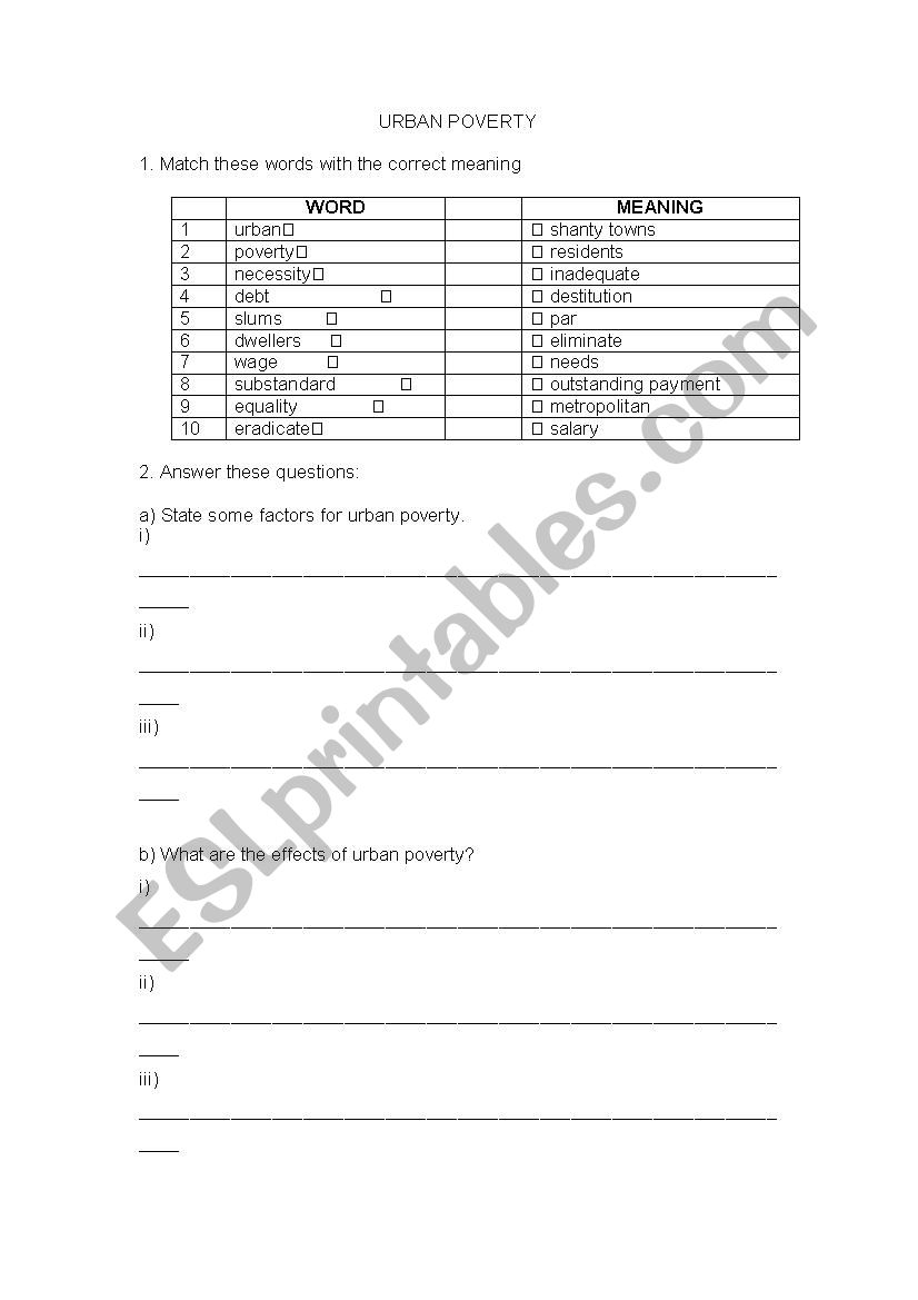 Urban Poverty worksheet