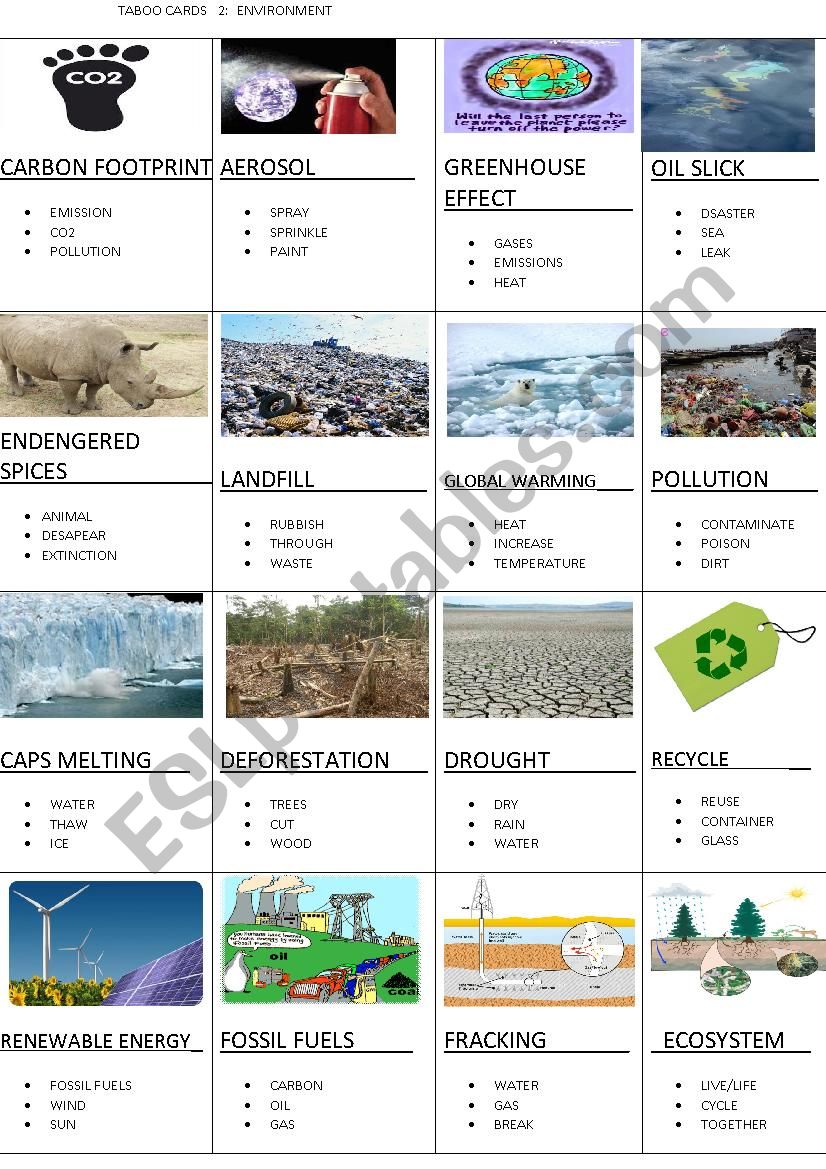 TABOO CARDS 2: ENVIRONMENT worksheet TABOO CARDS 2: ENVIRONMENT worksheet