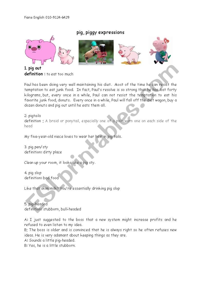 Pig Idioms worksheet