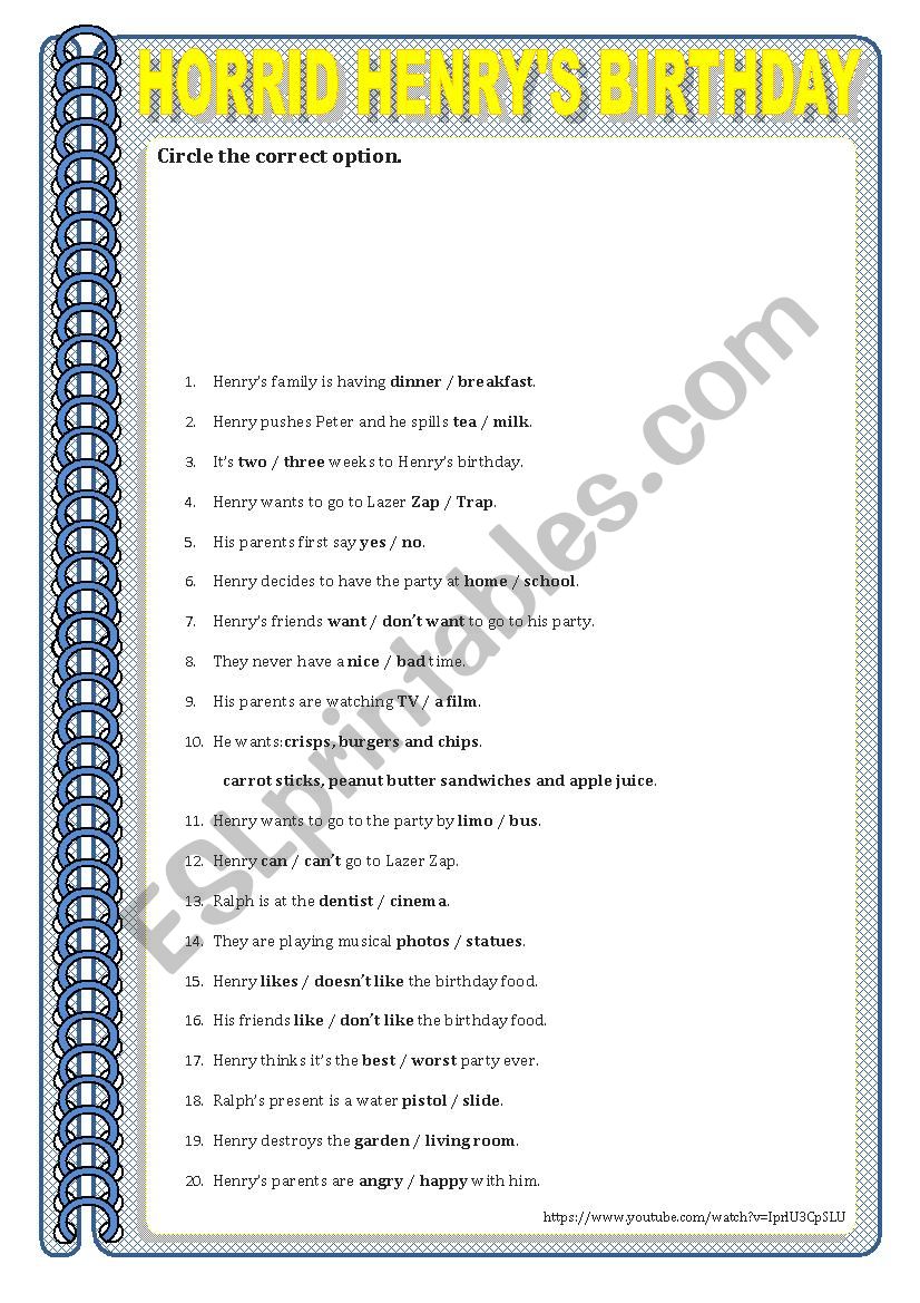 Horrid Henrys Birthday worksheet