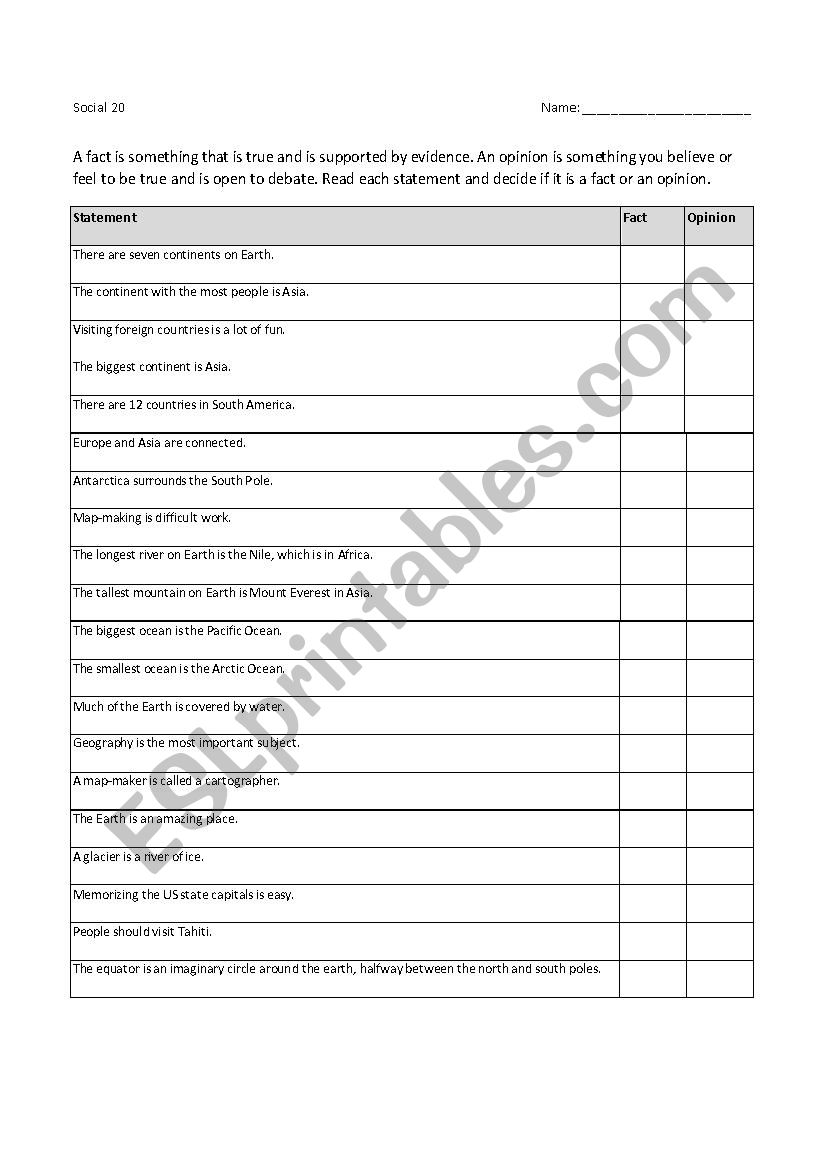 Fact versus Opinion Exercise worksheet