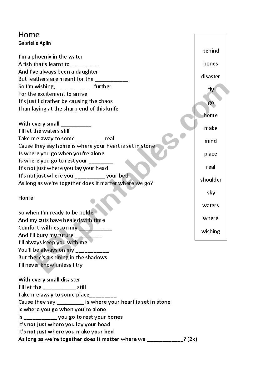 Song - Home - Gabrielle Aplin - intermediate - gaps