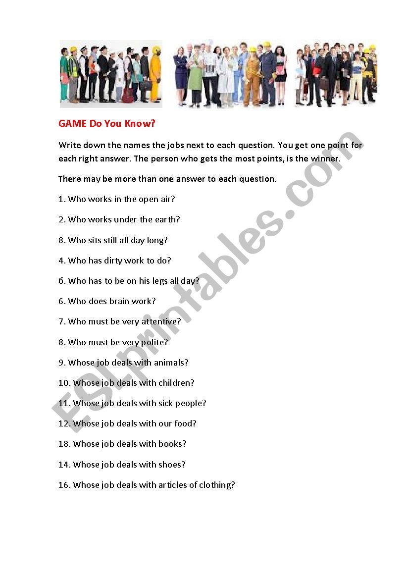 NAME THE JOBS ( a game) worksheet