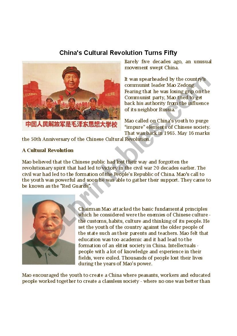 Chinese cultural revolution worksheet
