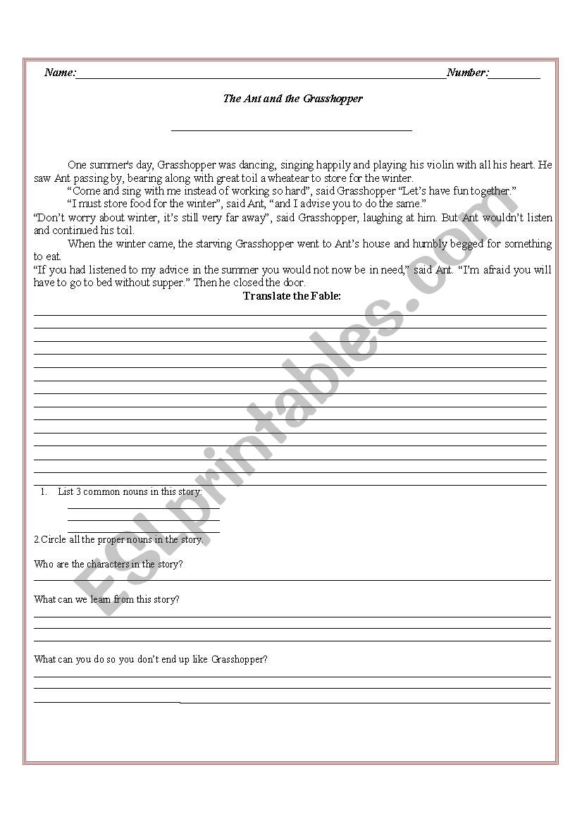 Fable worksheet