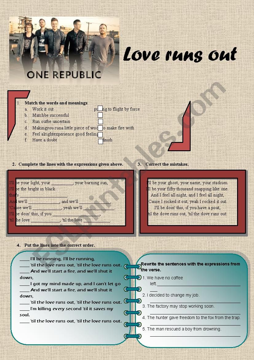 One Republic - Love Runs Out worksheet