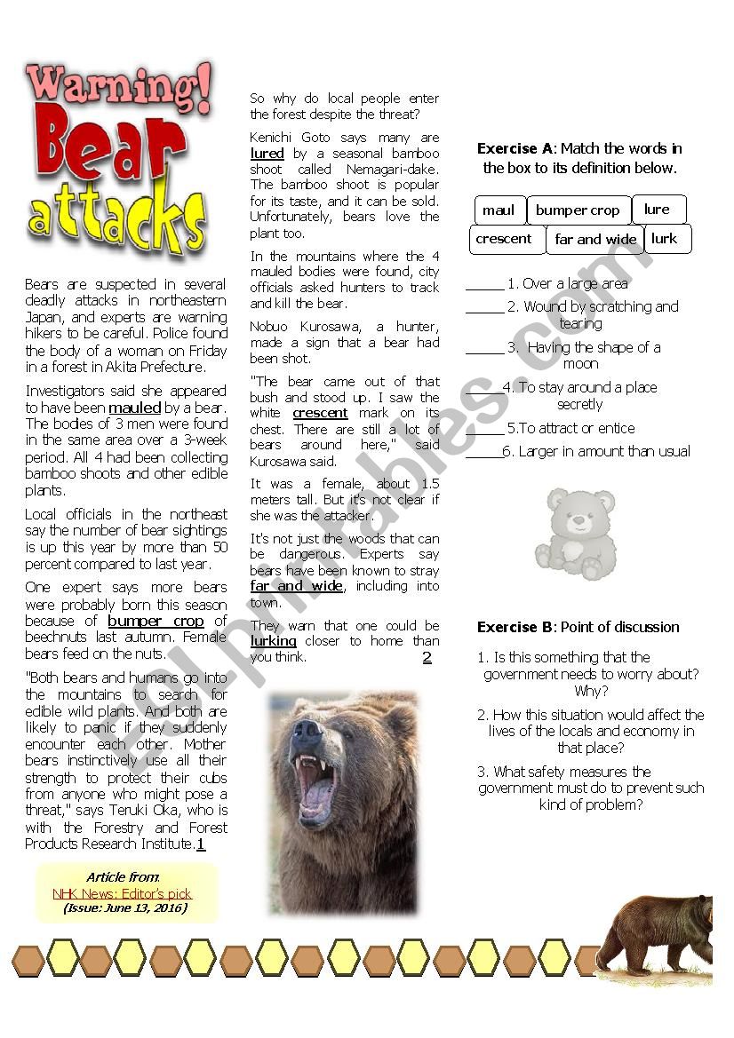 Warning: Bear attacks! worksheet