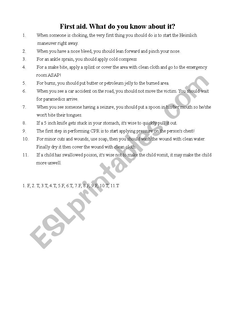 first aid true and false worksheet