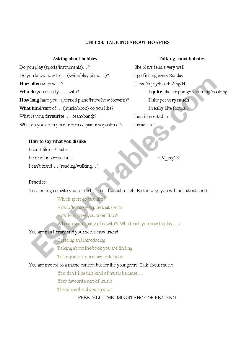 Hobbies in English worksheet