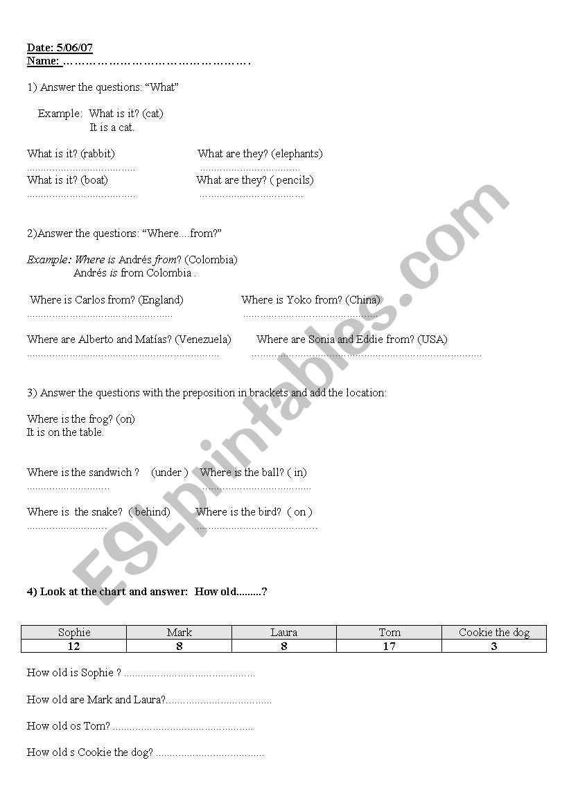 questions words  test worksheet