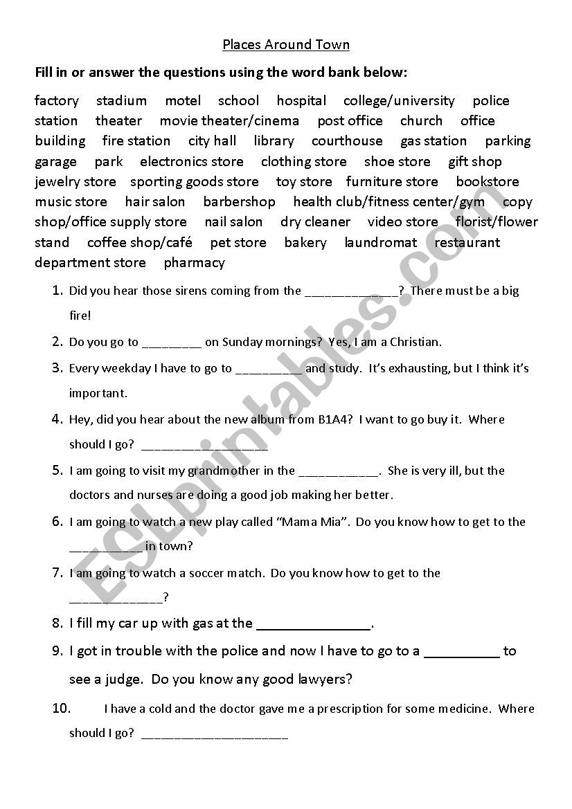 Places Around Town worksheet