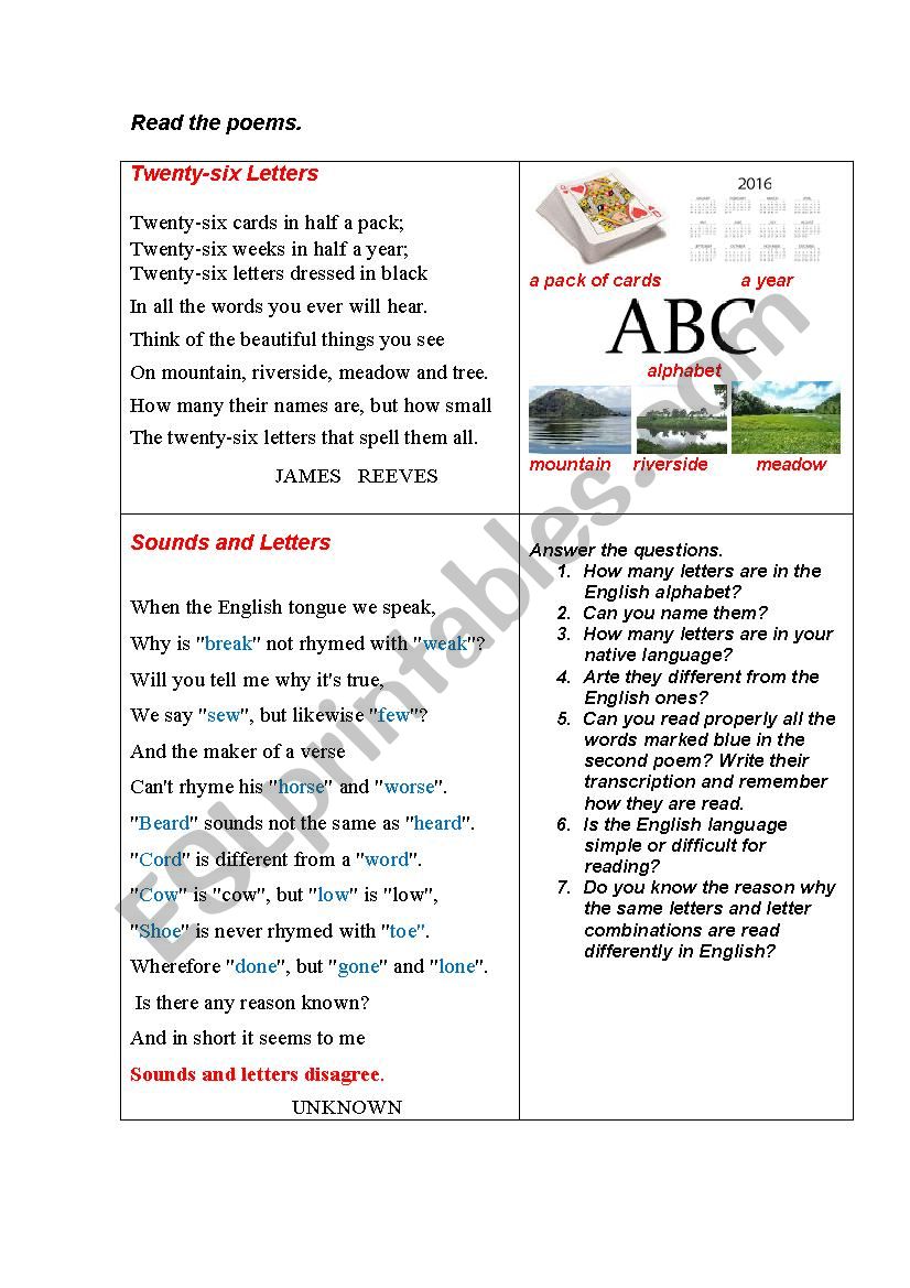LETTERS AND SOUNDS (2 poems) worksheet