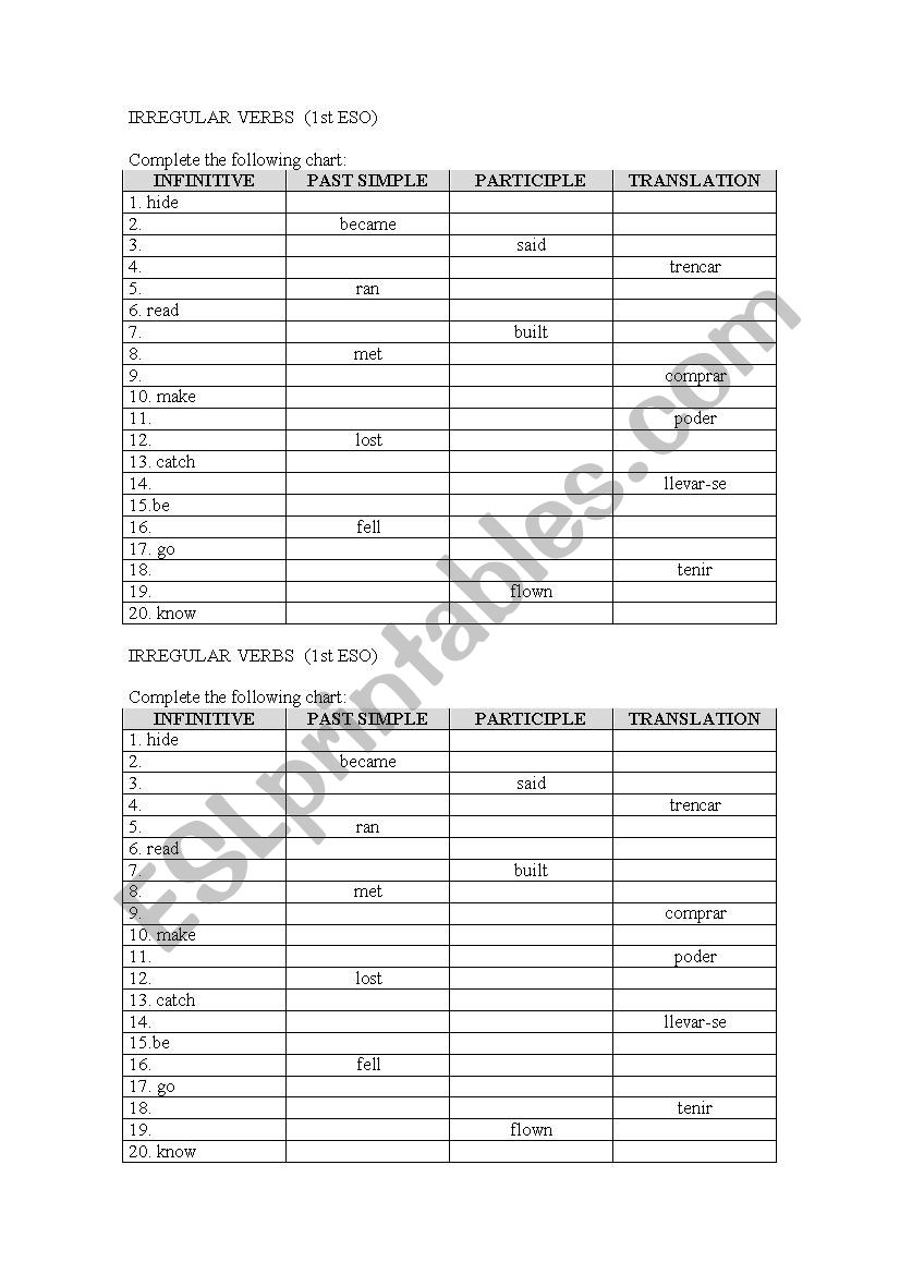 IRREGULAR VERBS TEST worksheet