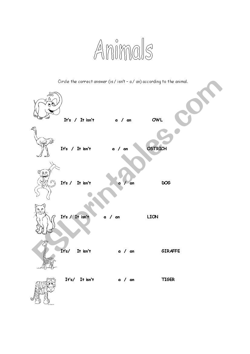 using its/ isnt animals worksheet