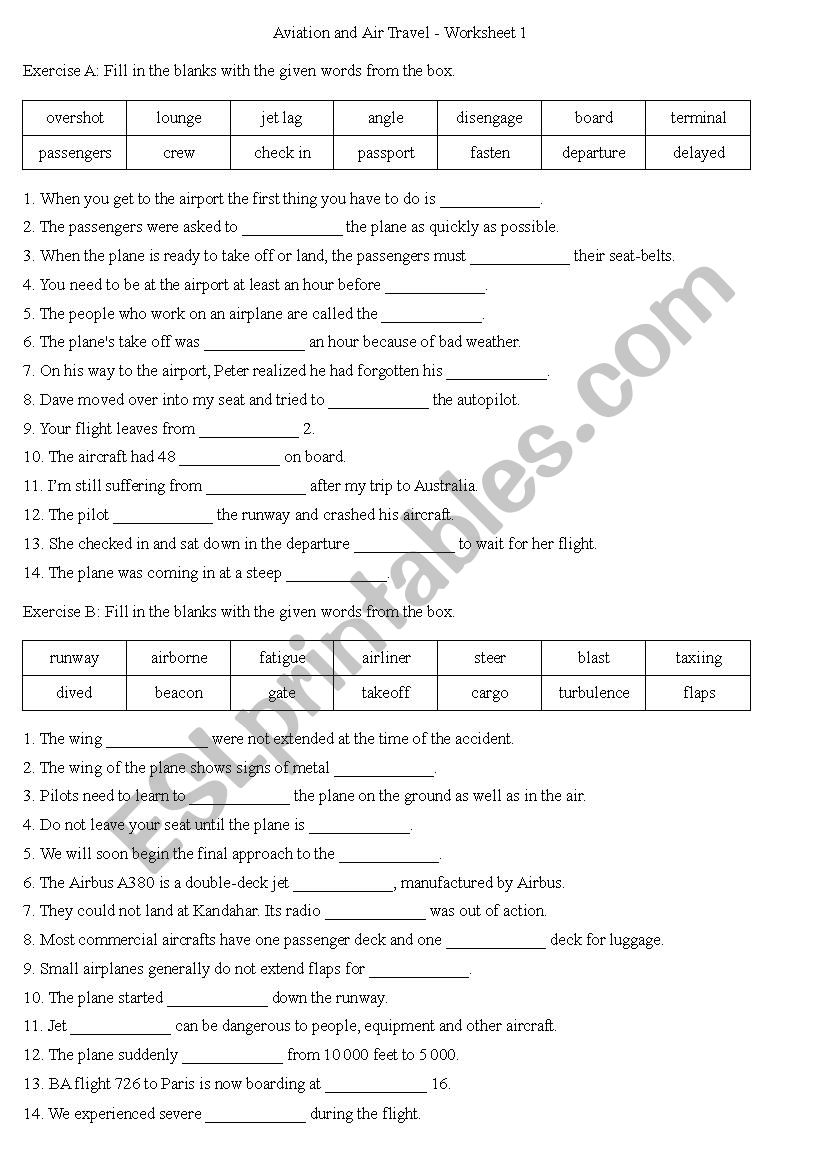 Aviation and Air Travel - Worksheet 1